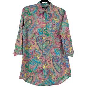 Lauren Ralph Lauren Boho Paisley Button Down Tunic Pink Blue Cotton Preppy Sm